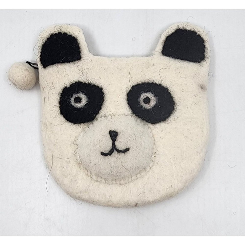 Handmade Wool Felt Coin Purse + Panda Applique  + Zipper Close Made in Nepal